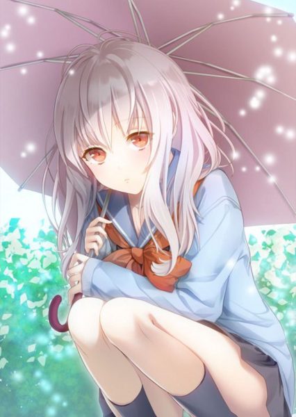 hình anime nữ tóc bạch kim cầm ô