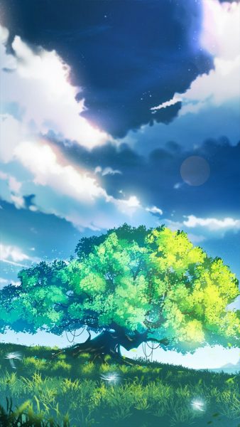 ảnh phong cảnh anime cây và trời xanh trong