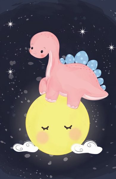 Hình nền khủng long dễ thương màu hồng đi trên mặt trăng