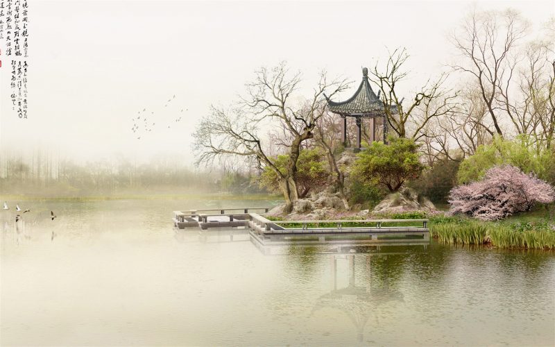 background cổ trang ngôi nhà bên cạnh hồ