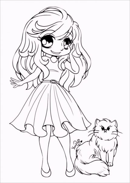 Tranh tô màu công chúa chibi và chú mèo đứng bên cạnh