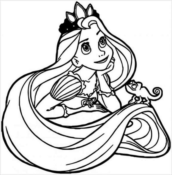 Tranh tô màu công chúa tóc mây chống tay xuống cằm