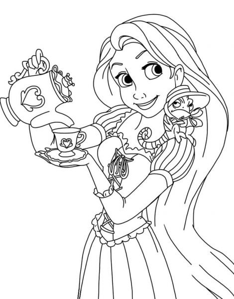Tranh tô màu công chúa tóc mây đang rót trà