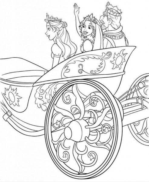 Tranh tô màu công chúa tóc mây ngồi xe cùng hoàng tử