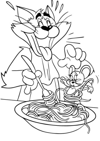 Tranh tô màu Tom và Jerry bên bát mì