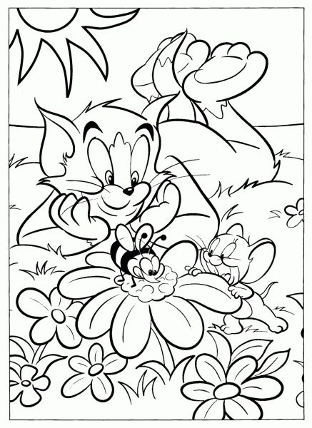 Tranh tô màu Tom và Jerry bên vườn hoa