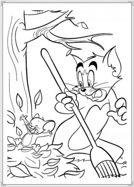 Tranh tô màu Tom và Jerry quét lá