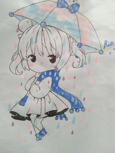 hình vẽ anime bé gái cầm ô