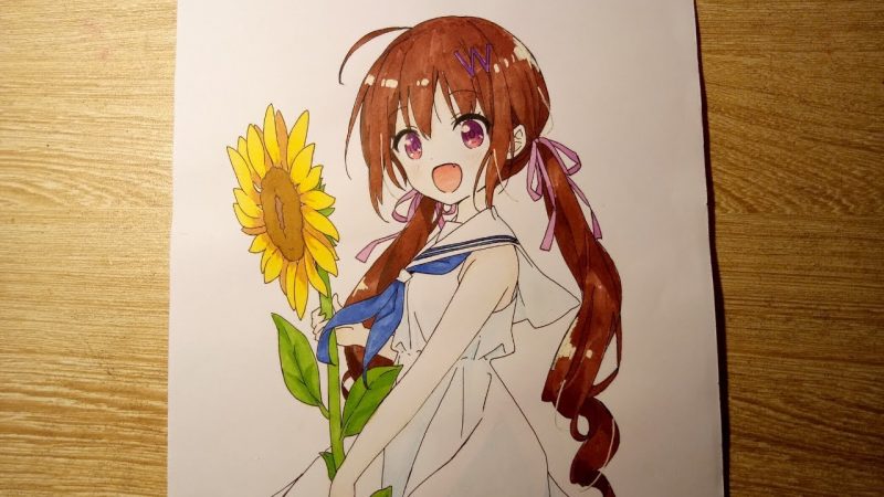 hình vẽ anime cầm hoa hướng dương