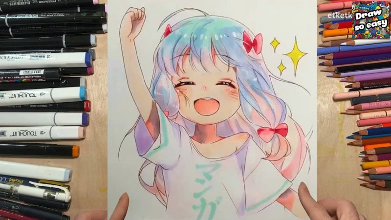 hình vẽ anime girl bằng bút màu