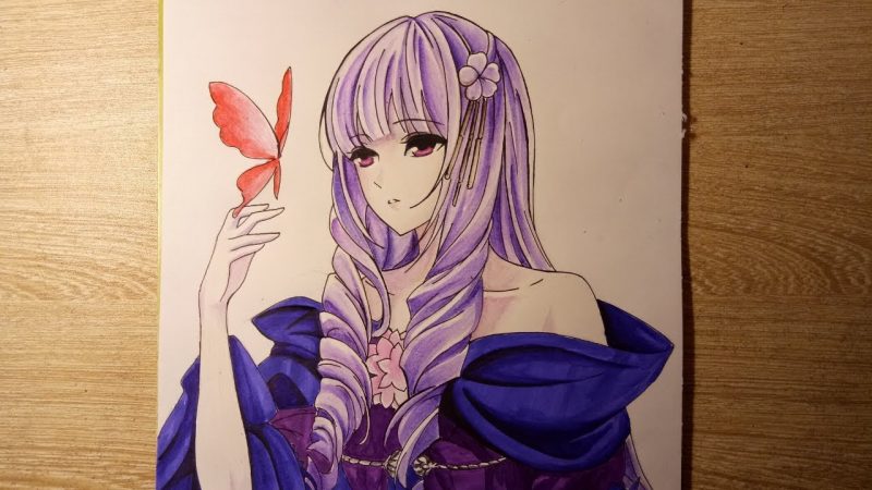 hình vẽ anime nữ và con bướm
