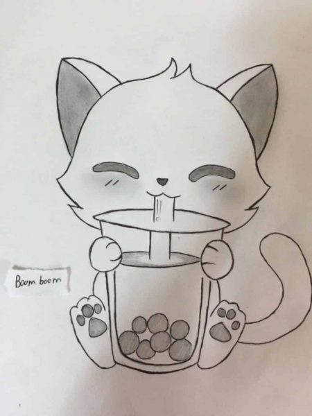 hình vẽ mèo uống trà sữa